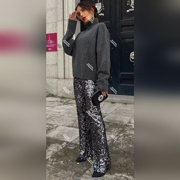 NWT ZARA FLARED SEQUIN LEGGINGS - Picture 6 of 15